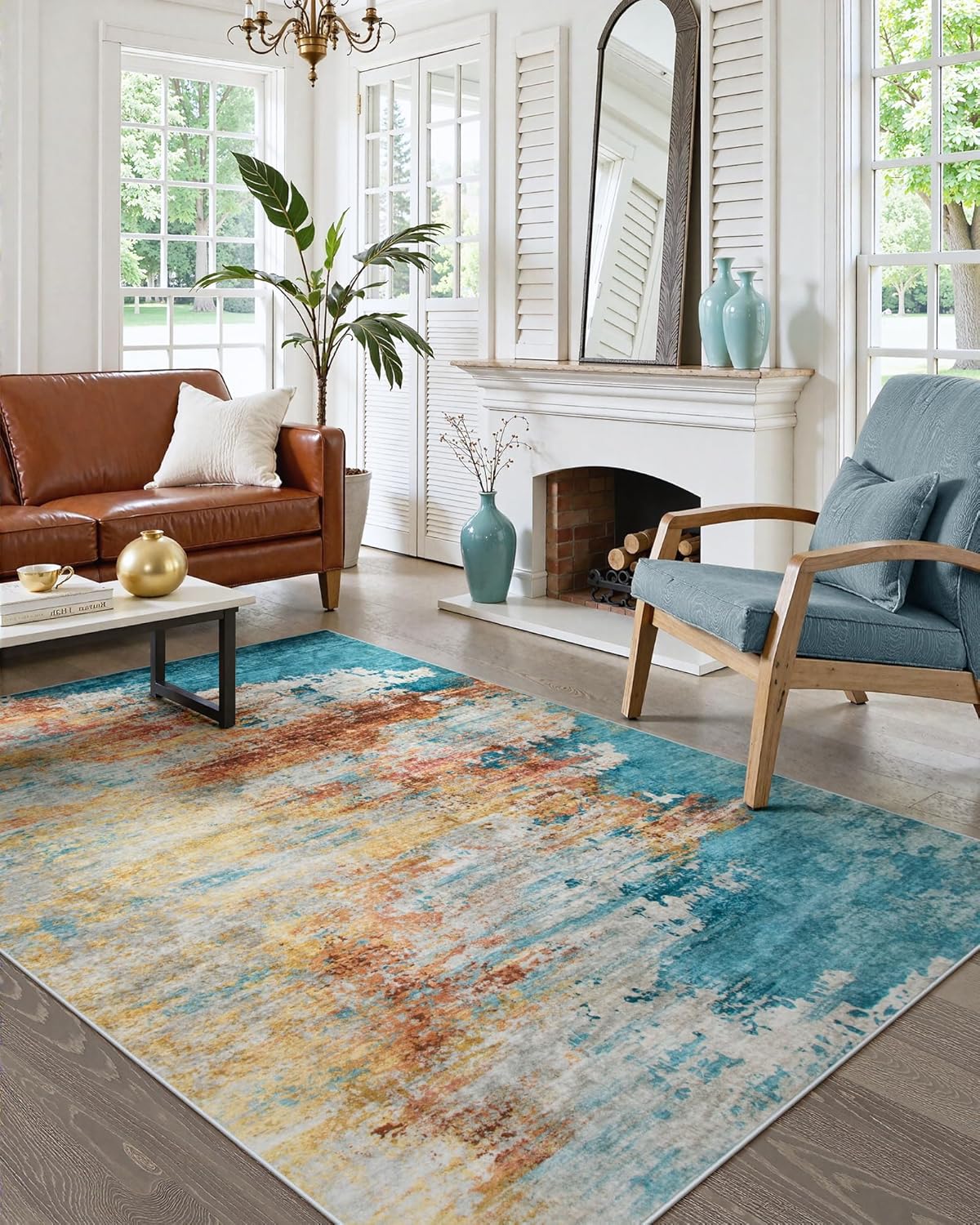 Beeiva Abstract Rug for Bedroom 4x6, Modern Soft Washable Area Rugs Stain Resistant, Ultra Thin Foldable Non Slip Low Pile Carpet for Living Room Dining Room Playroom Office - Yellow/Blue