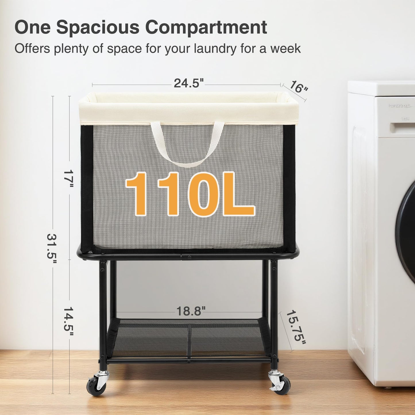 STO STO Rolling Laundry Hamper with Lockable Wheels, 29-Gallon (110L) Laundry Cart with Removable Canvas Bag, 2-Tier Clothes Basket Hamper with Shelf for Closet, Bedroom, Bathroom, Laundry Room