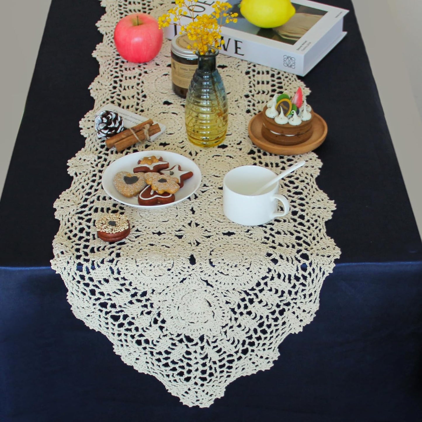 Handmade Crochet Cotton Lace Table Runner - 15 x 43 Inch Elegant Tablecloth