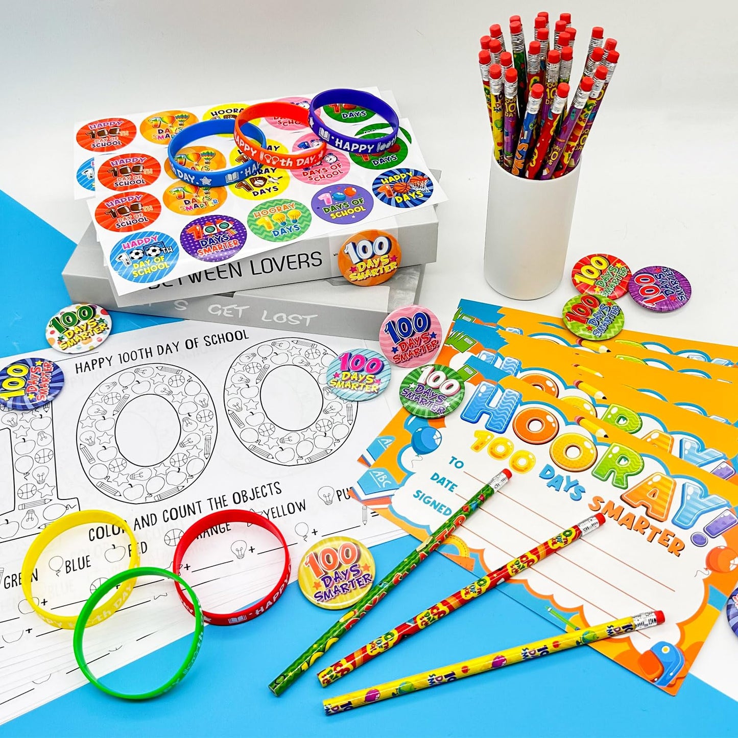 180 Pcs 100 Days of School Awards Set,Happy 100th Day Certificate of Award Rubber Bracelets Wristbands Coloring Posters Pencils 100 Days Smarter Badges Pins Stickers for School Party Gift Favors