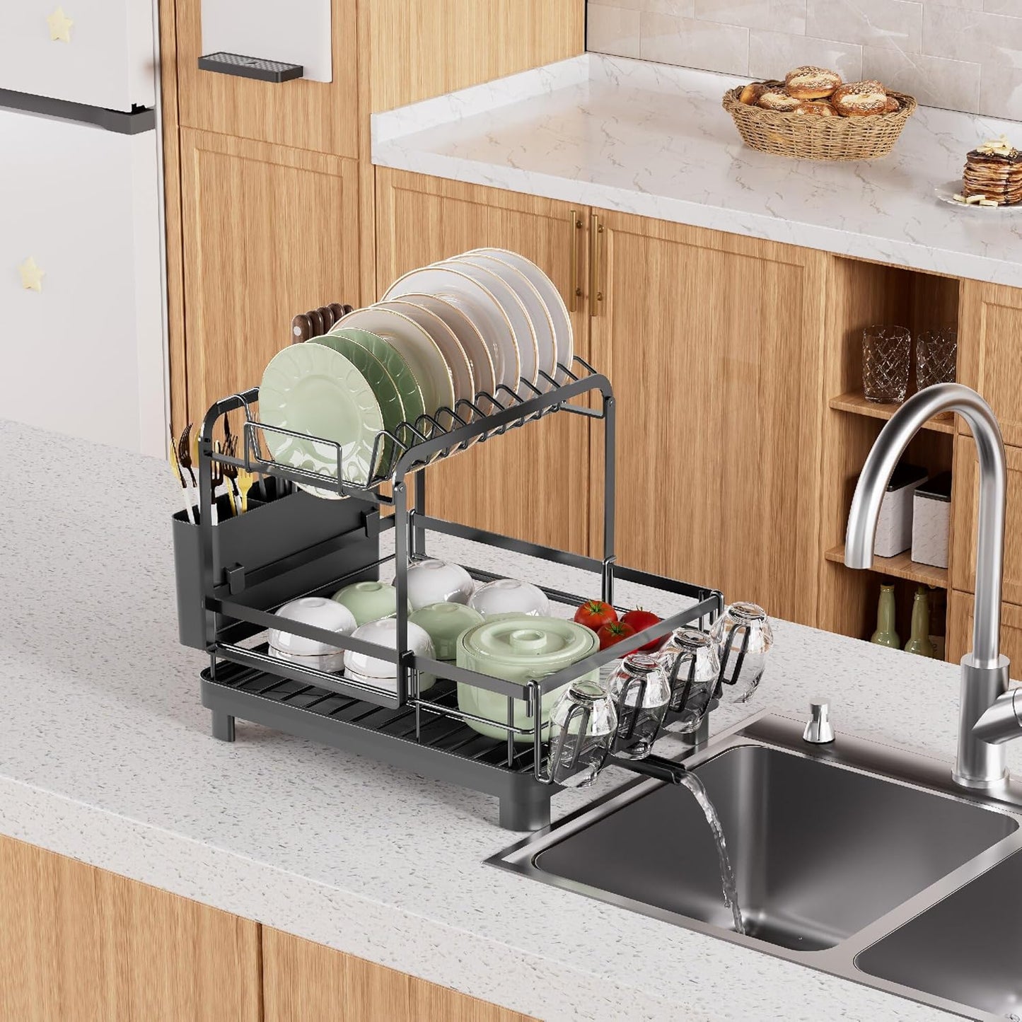 Runnatal 2-Tier Dish Drying Rack - Large Capacity Anti-Rust Dish Drainer Set | Black Over The Sink Design