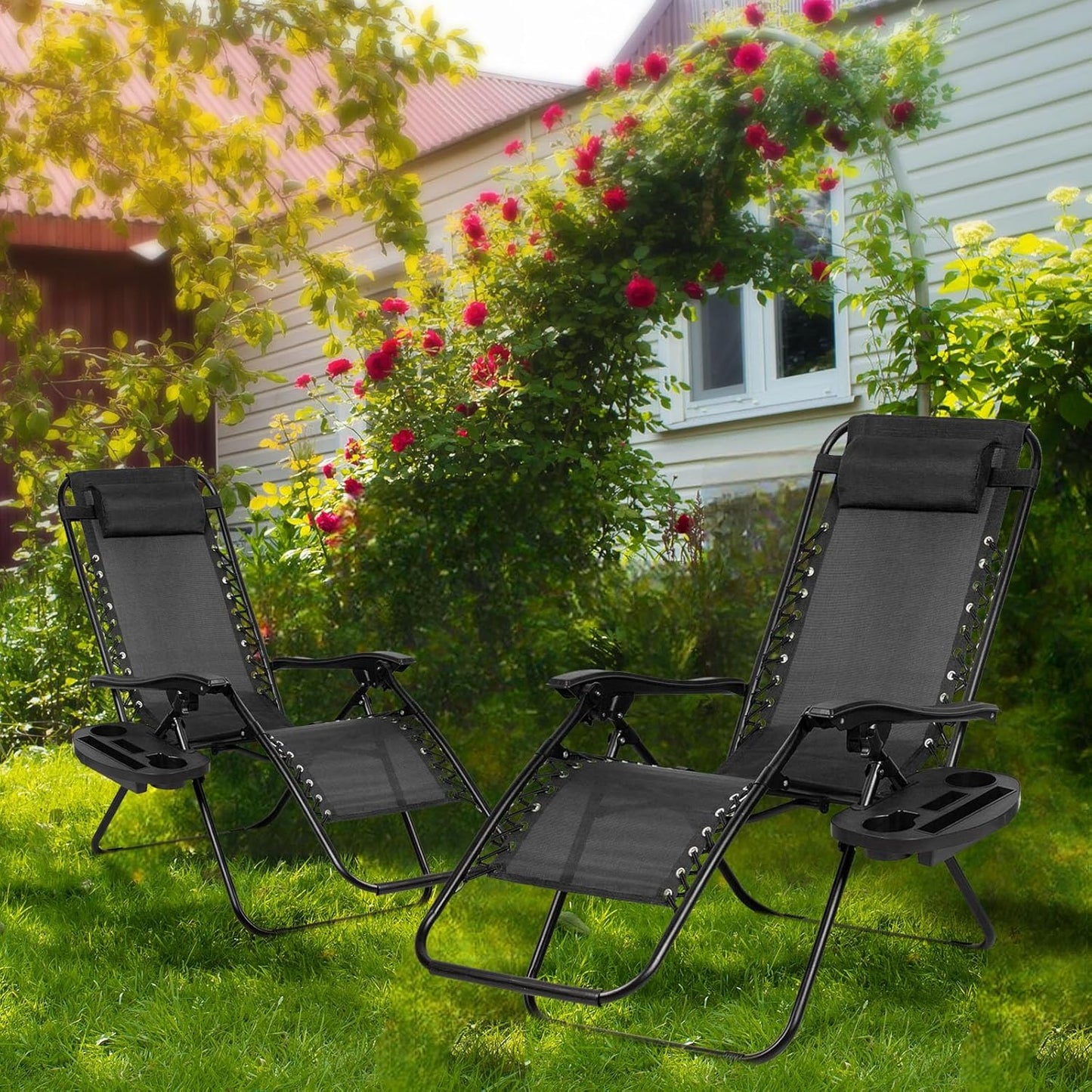 Nazhura Adjustable Zero Gravity Lounge Chairs - Set of 2 Relaxing Patio Recliners with Pillow & Cup Holder | Black