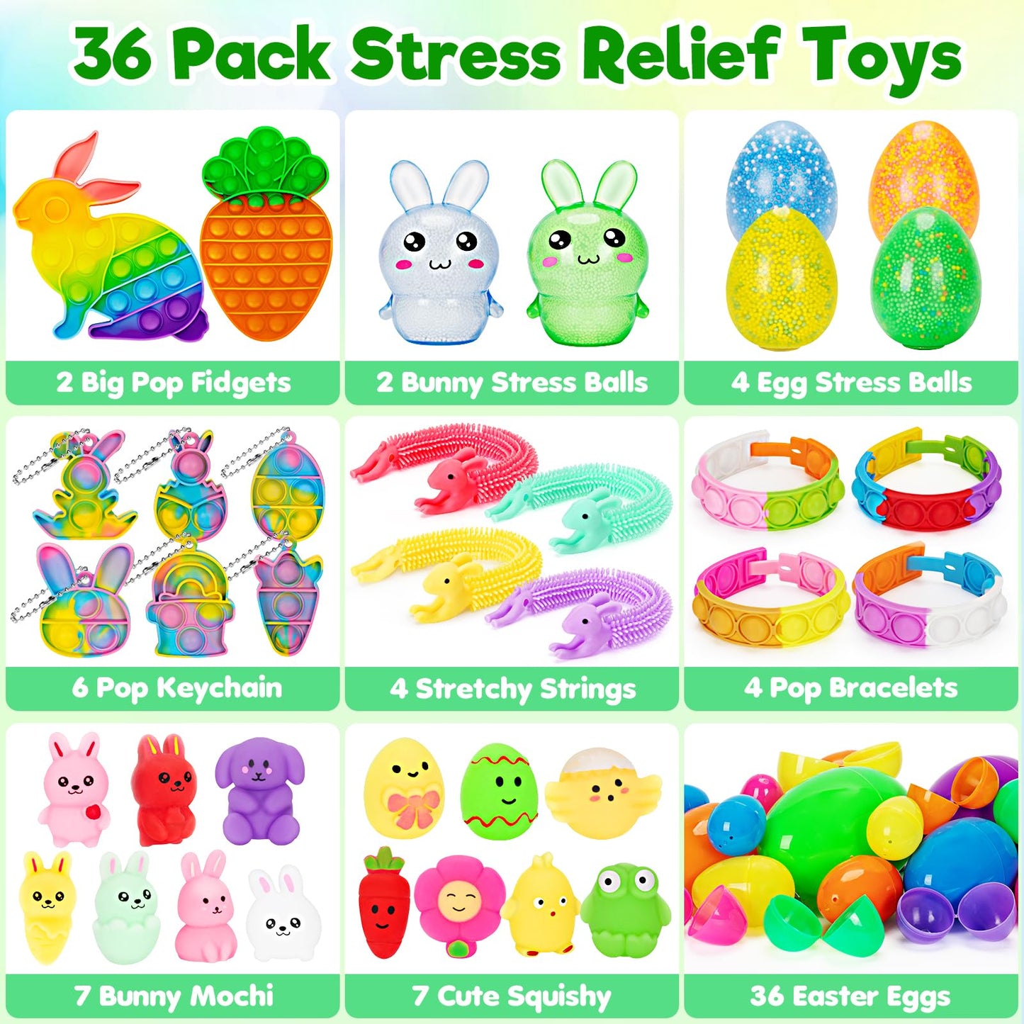 Jyusmile 36 Pack Prefilled Easter Eggs with Toys, Bulk Mix 4 Sizes Plastic Easter Eggs with Assorted Toys Inside, Surprise Eggs for Easter Hunt, Easter Basket Stuffers, Party Favors for Kids