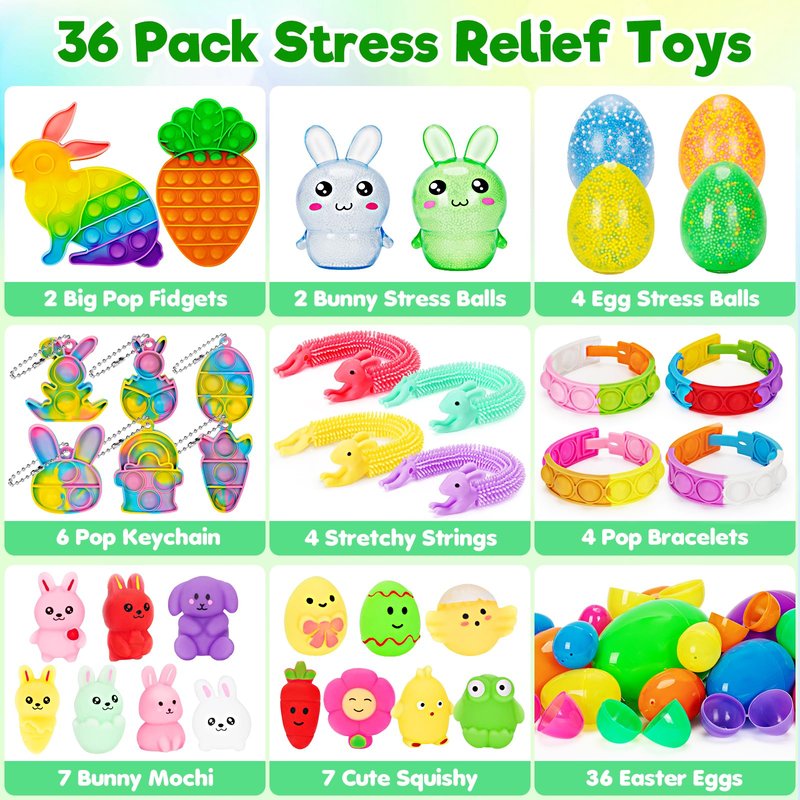 Jyusmile 36 Pack Prefilled Easter Eggs with Toys, Bulk Mix 4 Sizes Plastic Easter Eggs with Assorted Toys Inside, Surprise Eggs for Easter Hunt, Easter Basket Stuffers, Party Favors for Kids