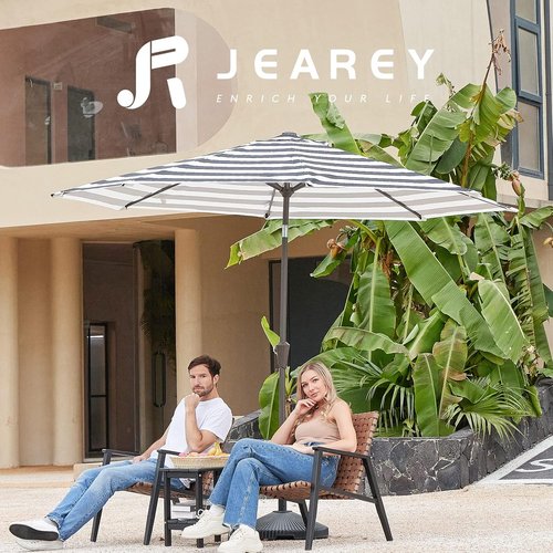 JEAREY 9FT Outdoor Patio Umbrella - Push Button Tilt & Crank | UV Protection, Waterproof, Black & White Stripe