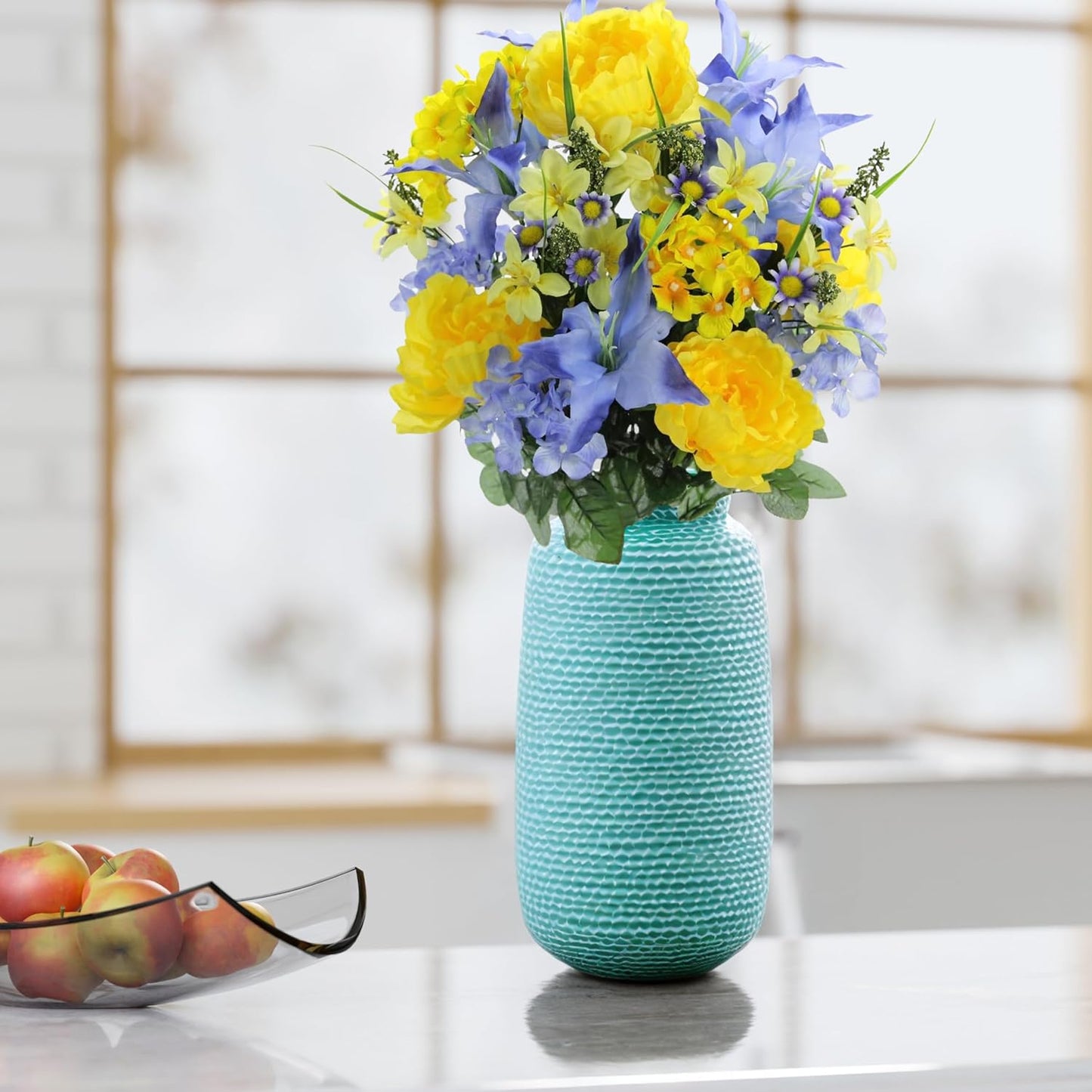 24-Stem Artificial Flower Arrangement - Mixed Roses & Carnations for Indoor/Outdoor Wedding & Home Decor - Spring Faux Flowers in Blue