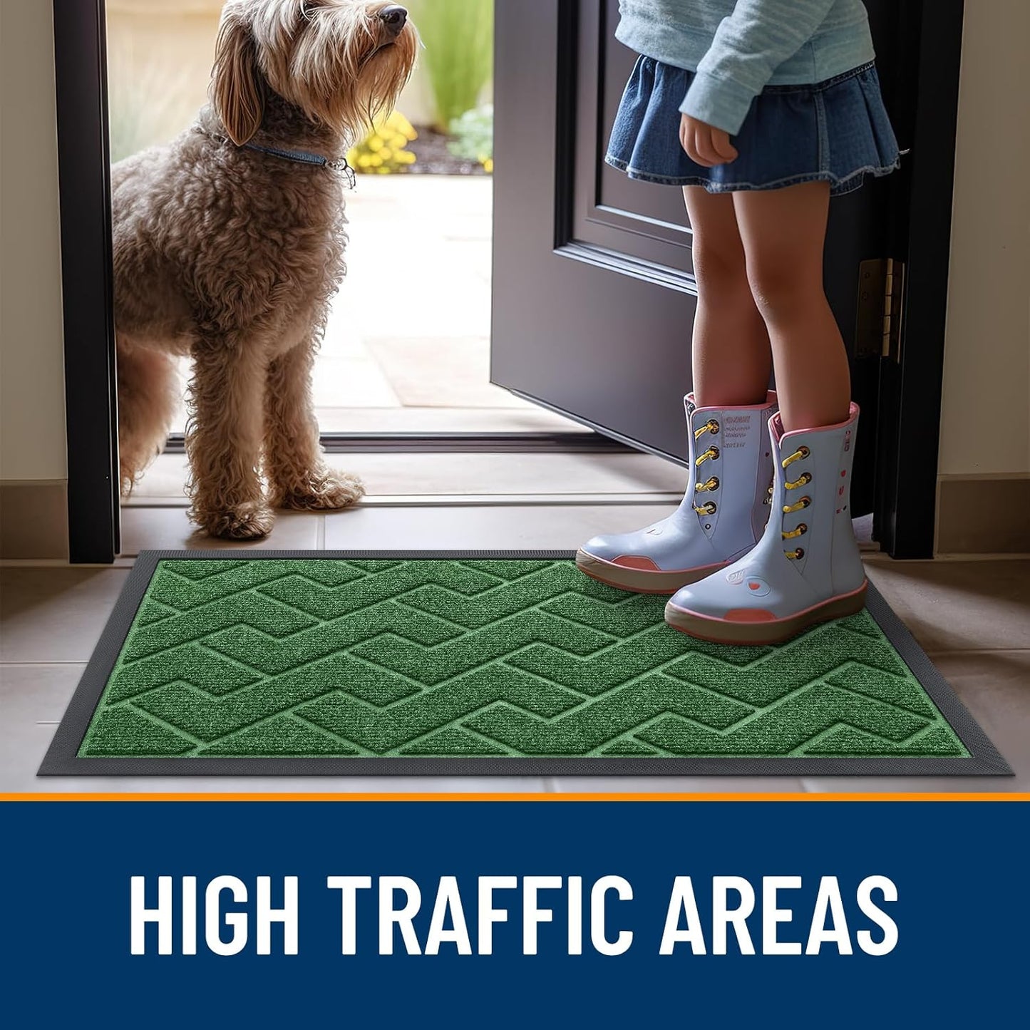 OLANLY Waterproof Front Door Mat - All-Season Indoor Outdoor Doormat | Sturdy Natural Rubber, Herringbone Brick (Green, 47x32)