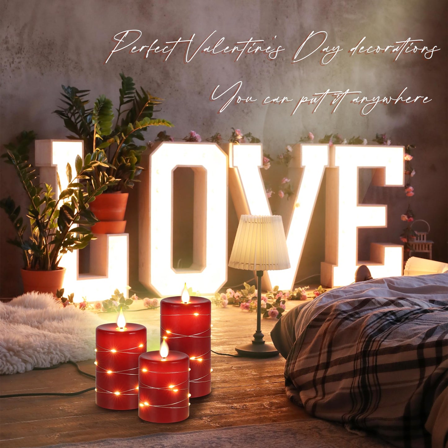 Upinmz Red Flameless Candle with Remote Control and Timer,Flickering Battery Operated Candles with String Lights,LED Pillar Candles,Set of 3