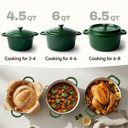 6 Quart Dutch Oven Pot with Lid, Non Stick Enameled Cast Iron Dutch Oven for Bread Baking, Heavy-Duty, Oven Safe Ceramic Cookware Up to 500°F for Baking, Braising, Stews, Roasting, Green