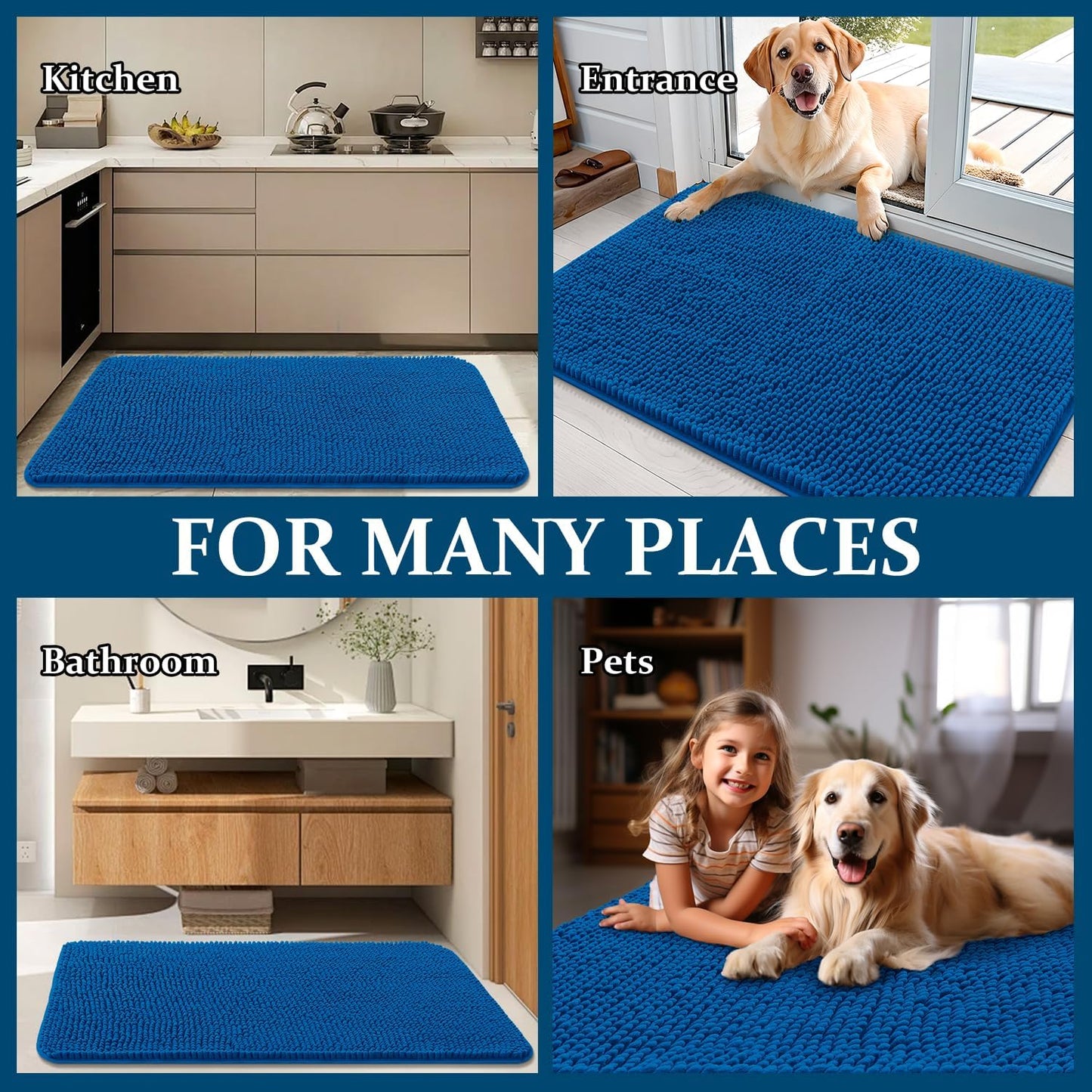 OLANLY Dog Door Mat - Absorbent Non-Slip Washable Doormat for Muddy Paws | 59x35 Deep Navy Blue