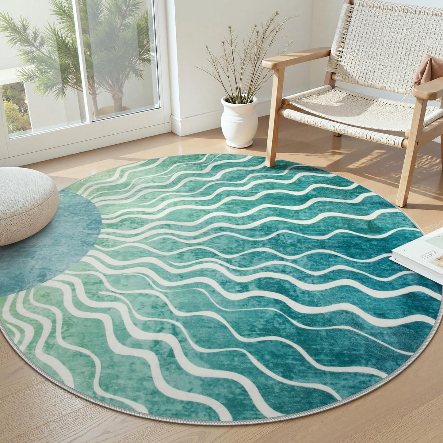Wonnitar Boho Sun Print Round Rugs 5ft, Washable Circular Rug Green Round Carpet for Bedroom, Soft Sunset Distressed Non Slip Circle Carpet for Dining Room Living Room Office, Teal/Multi