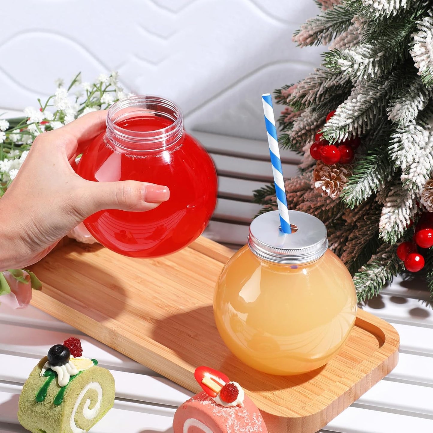 Yaomiao 24 Pcs 10 oz Mini Plastic Fish Bowl Ornament Cups for Drinks Clear Spherical Potion Bottles with Lids and Straws Bulb Cups for Christmas Carnival Candy Party Decorations (Red)