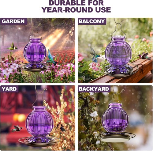 Glass Hummingbird Feeder - 26 Oz Outdoor Nectar Feeder with 5 Flower Ports & Perch | Purple Garden Decor