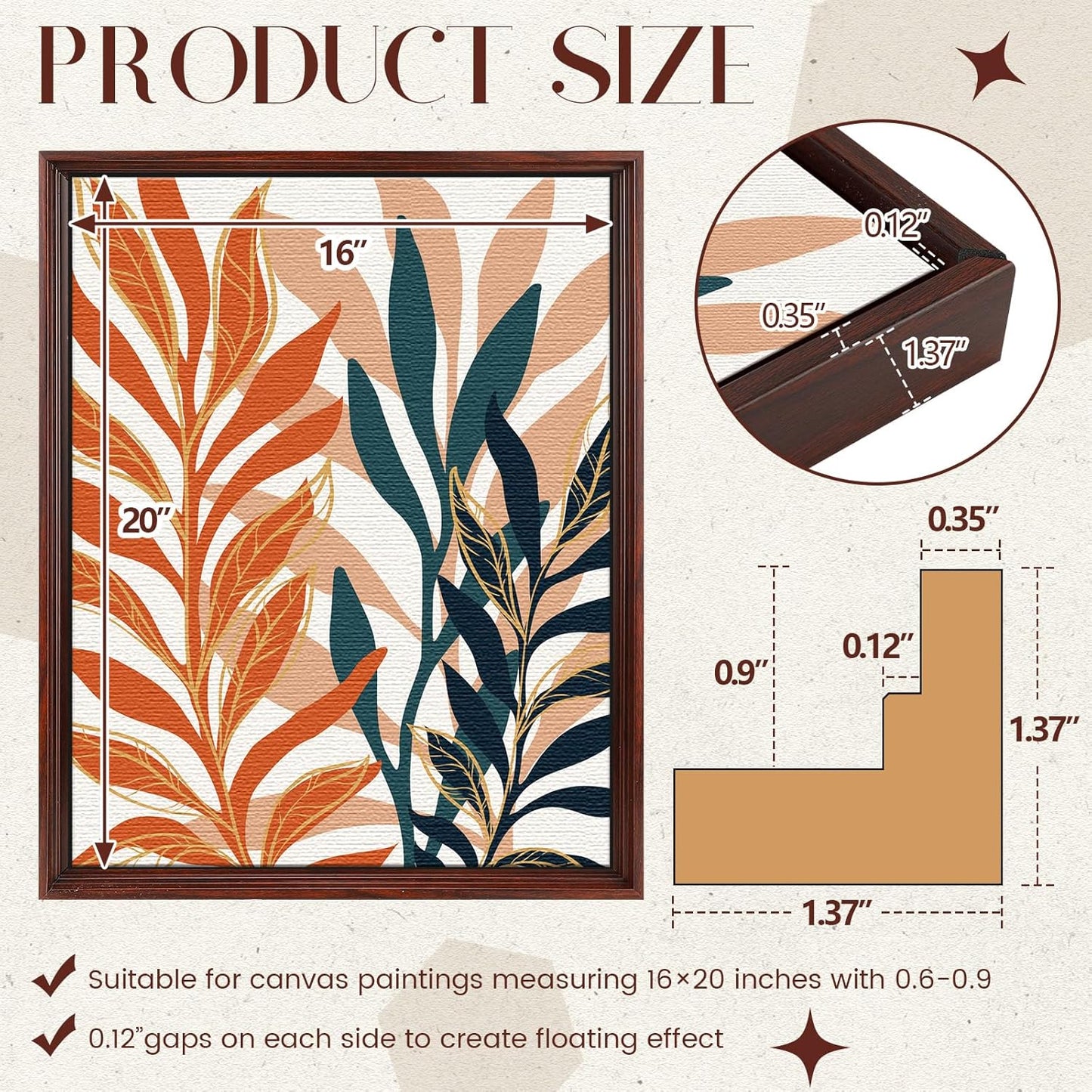 Soaoo 4 Pcs Canvas Floater Frames Floating Canvas Frame 0. 9" Deep Artwork for Paintings with Hardware Kit Included for Wall Prints Painting, Assemble Required(16'' x 20'',Brown)