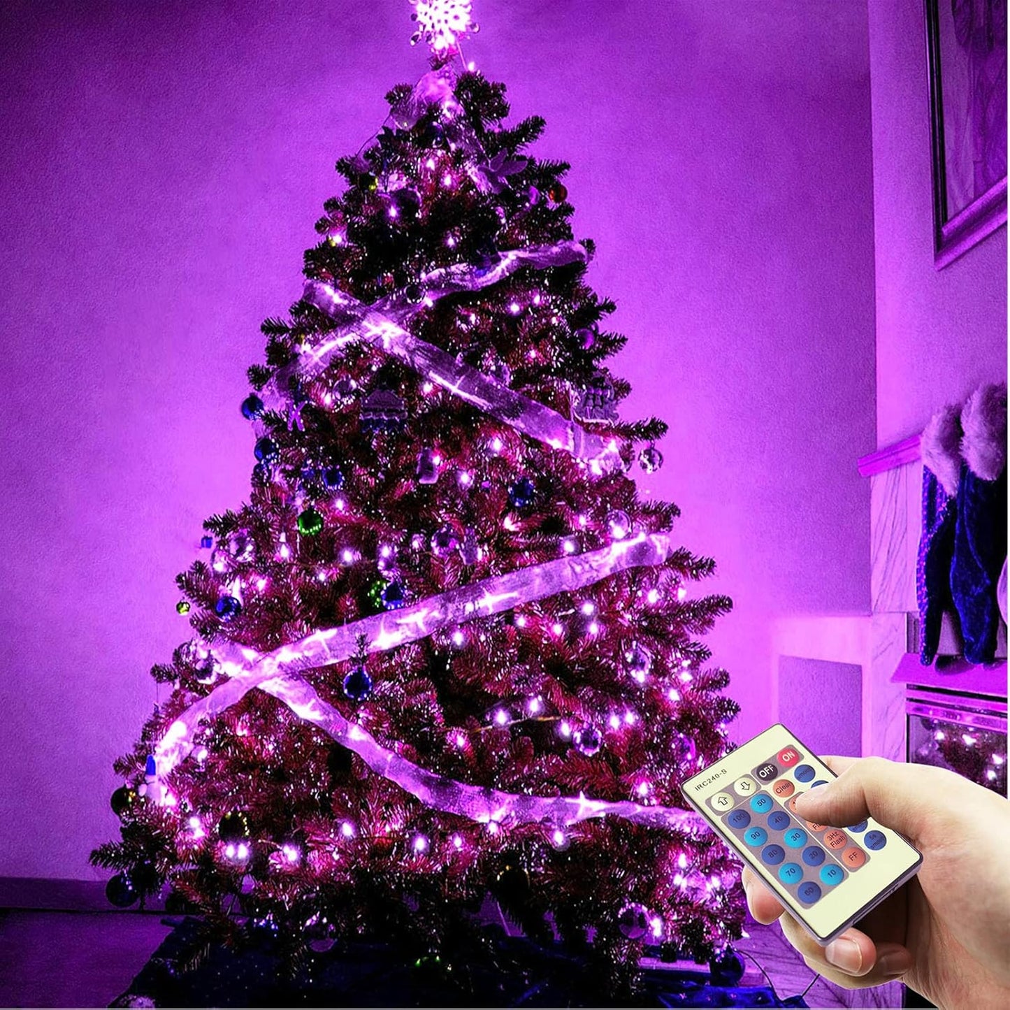 300 LED Dimmable Purple Fairy Lights - 99 Ft Waterproof Silver Wire String Lights with Remote for Christmas, Halloween, Party & Garden