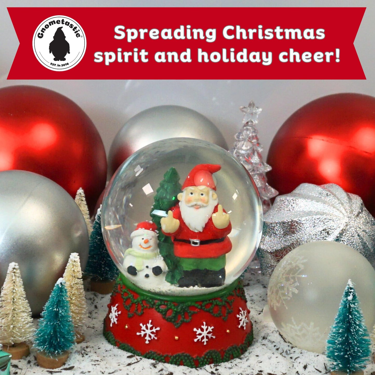 Gnometastic Gnomes Christmas Snow Globes for Adults - Holiday Double Bird Middle Finger Gnome, Funny White Elephant Gift & Gnome Decor - Mini Snow Globe 3.2in x 4in H