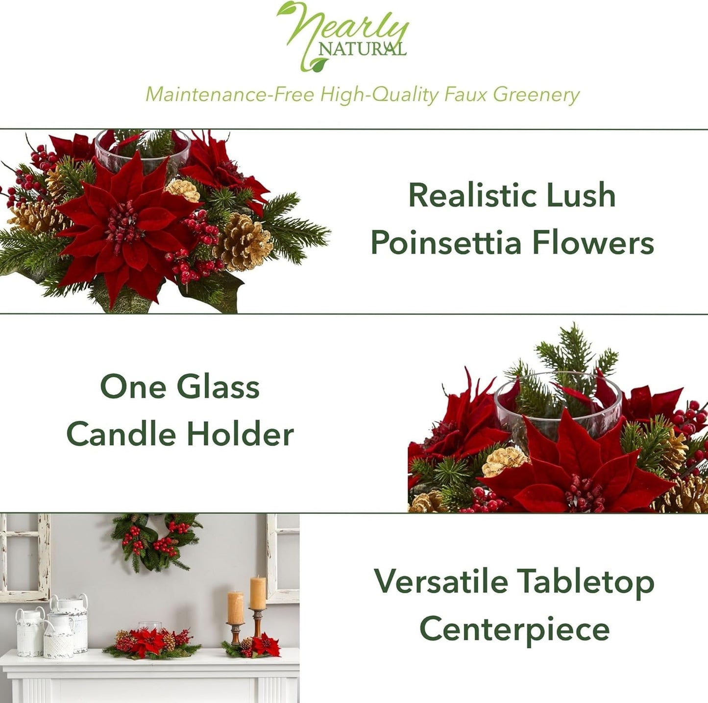 Nearly Natural Poinsettia Candelabrum - Red Artificial Silk Arrangement with Berries & Pine Cones | 6"D x 14"W x 14"H