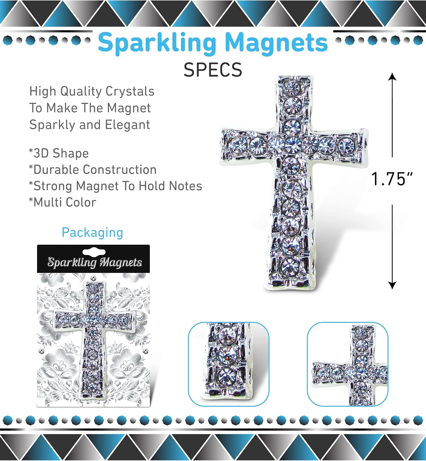Christian Cross Fridge Magnet - Sparkling Silver Rhinestones Decorative Kitchen Art