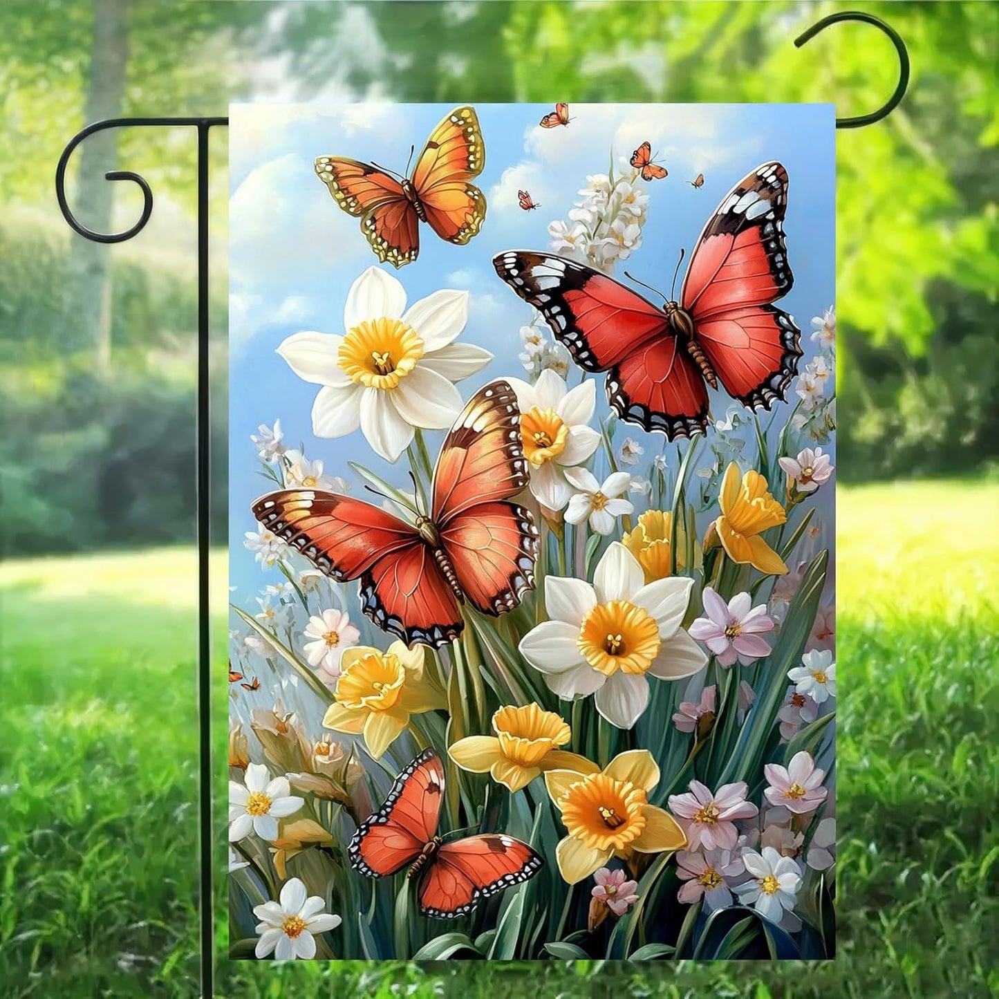 Spring Summer Garden Flag - 12x18 Double-Sided Burlap with Butterfly & Flowers | Outdoor Lawn Decor