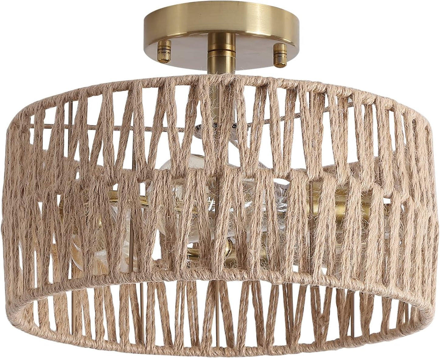 3-Light Antique Gold Woven Flush Mount Light Fixture Rustic Coastal Hemp Rope Brass Semi Flush Mount Ceiling Light for Hallway Bedroom Kitchen Entryway Farmhouse Living Room