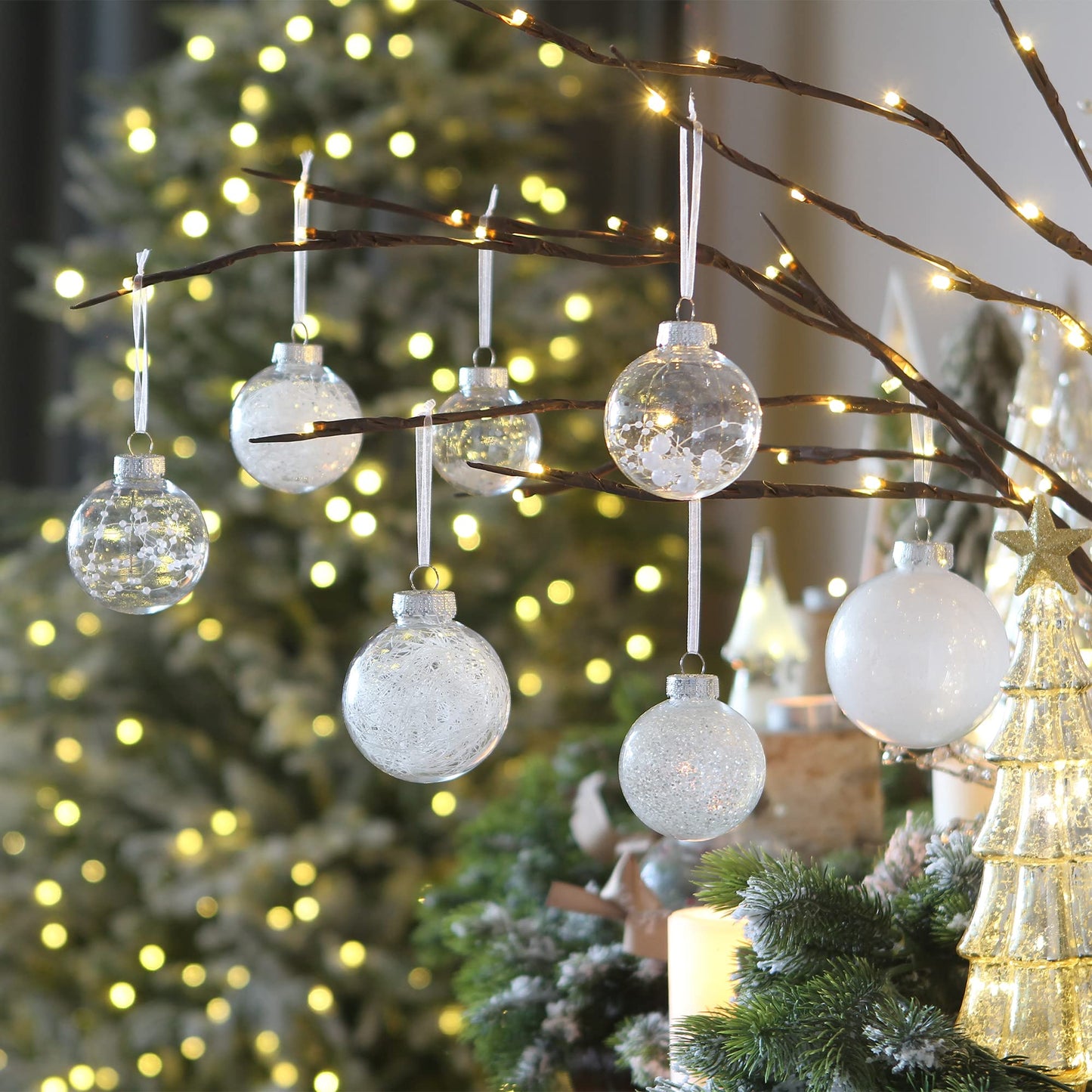 Sea Team 70mm/2.76" Shatterproof Clear Plastic Christmas Ball Ornaments Decorative Xmas Balls Baubles Set with Stuffed Delicate Decorations (24 Counts, White)