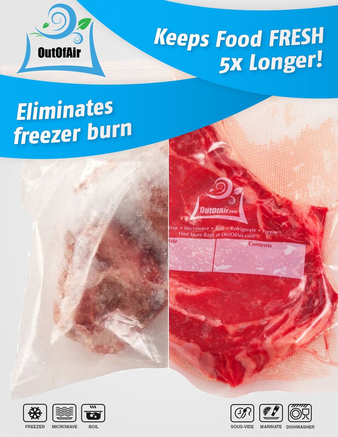 100 Vacuum Sealer Bags: Gallon Size (11" x 16") by OutOfAir Works With FoodSaver & Other Machines - 33% Thicker BPA Free, Commercial Grade, 11 x 16 inches