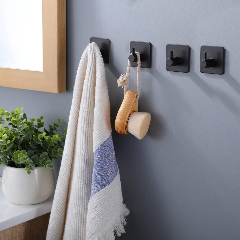 YIGII Adhesive Hooks/Towel Hook - Wall Hooks Stick on Heavy Duty for Hanging Towels/Coat/Hat/Bag in Bathroom, Bedroom, Dorm, SUS-304 Stainless Steel Matte Black 4 Packs