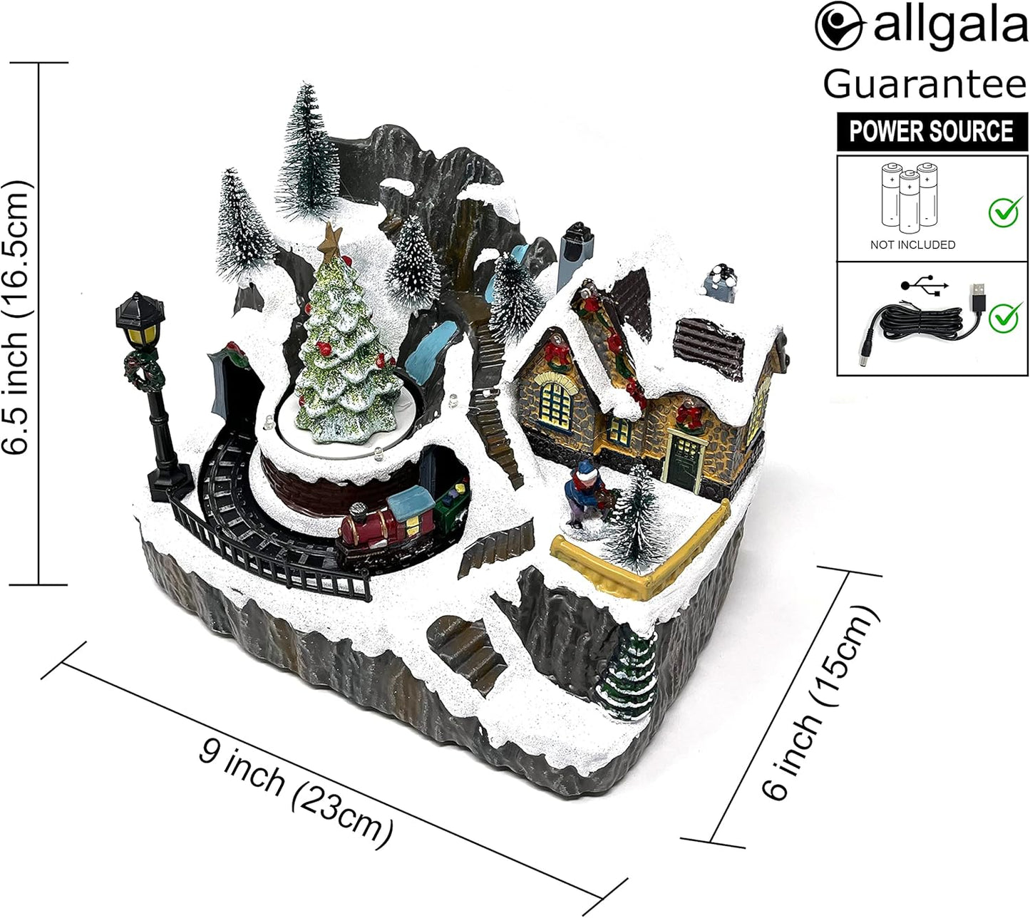 allgala Christmas Village House Crafted Polyresin Christmas House Collectable Figurine with USB and Battery Dual Power Source-Moving Train and Santa-XH93447
