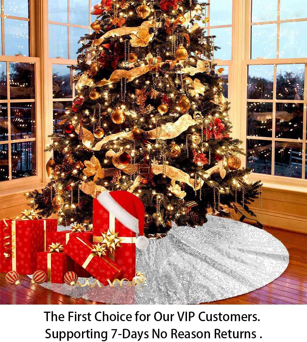 48-Inch Silver Sequin Christmas Tree Skirt - Reusable Holiday Decor for Festive Parties