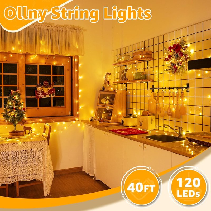 Ollny 120LED 40FT String Lights, Waterproof Connectable Fairy Lights with Timer 8 Modes, Warm White Plug in Indoor Light for Bedroom Classroom Outdoor Wedding Christmas Party Decorations