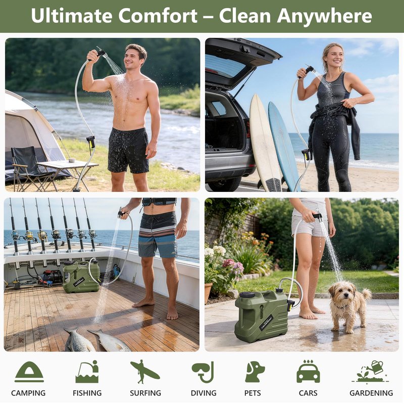 SPACEREST Portable Shower for Camping with Integrated Design – Spill-Resistant, Electric Camping Shower, 5-Gallon Food-Grade Water Jug for Outdoor, Beach, Hiking, Dog Wash, 2 Batteries