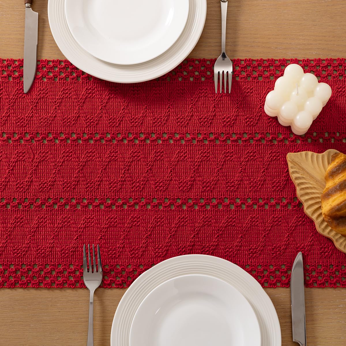 Socomi Boho Table Runner Summer Farmhouse Rustic Dining Kitchen Centerpiece Decor Small Macrame Woven Cotton Linen Coffee Table Runner for Dresser Scarf Home Decor 12x48 in Red