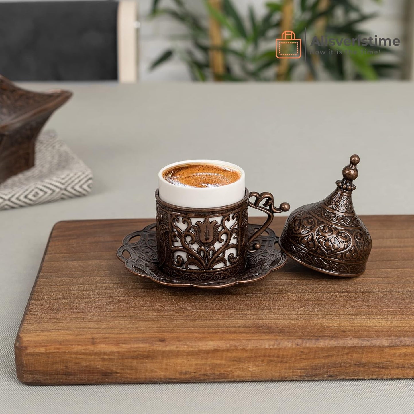 Alisveristime Authentic Turkish Coffee Cup Set: Zamak & Porcelain, Tulip Motifs (Set of 2) (Lale) (Gold)