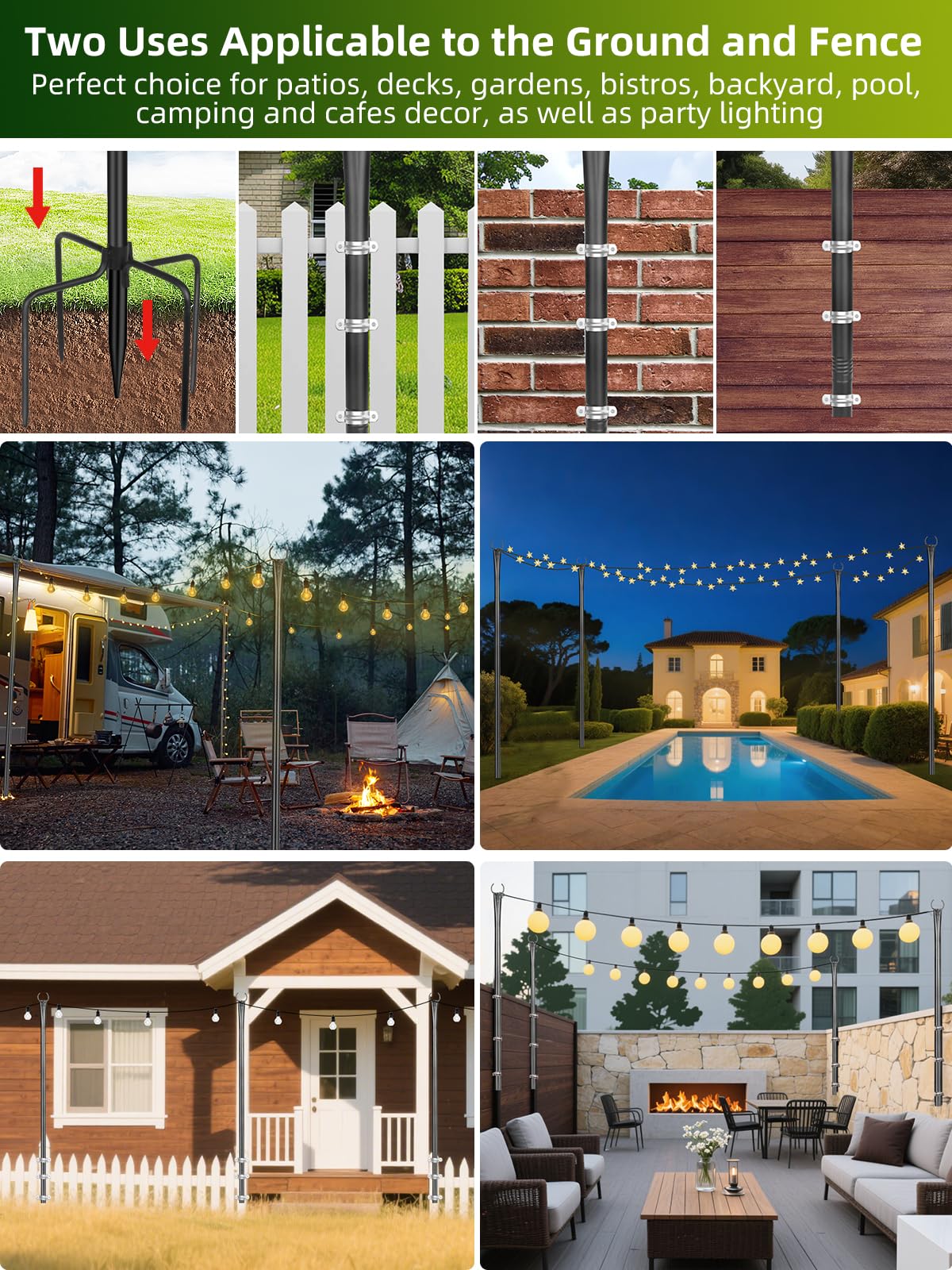 LRYXEG String Light Poles for Outside 4 Pack, 10ft Metal Outdoor String Light Poles for Deck - Ideal for Patio, Garden, Yard, Front Porch Decorations, Black