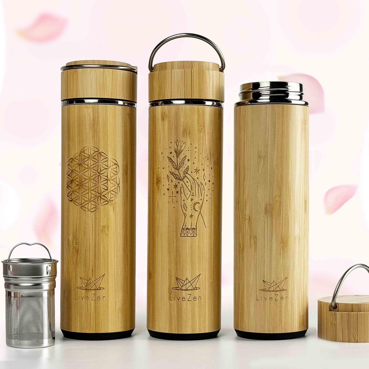 LiveZen 18oz Insulated Bamboo Tea Infuser Bottle for Loose Leaf Tea - Extra Fine Mesh Tea Steeper Basket Infuser with Chain Hook for Teapot Mug Cup