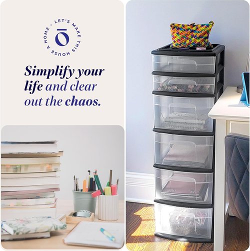 HOMZ 6-Tier Clear Plastic Drawer Tower - Heavy-Duty Storage Organizer Cart for Home & Closet