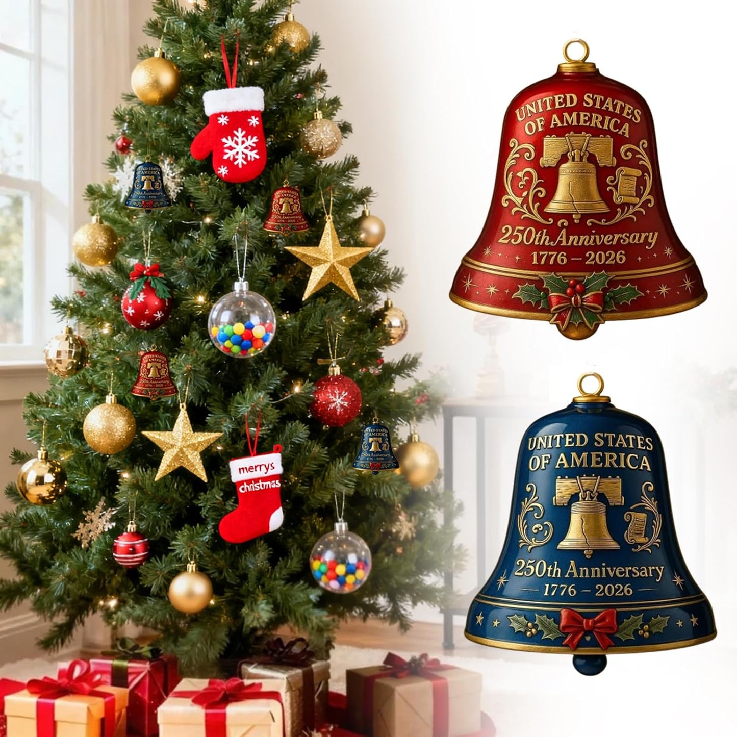 USA 250th Anniversary Bell Ornament - 3D Vintage Metal Design for Patriotic Holidays | Set of 2 Red & Blue