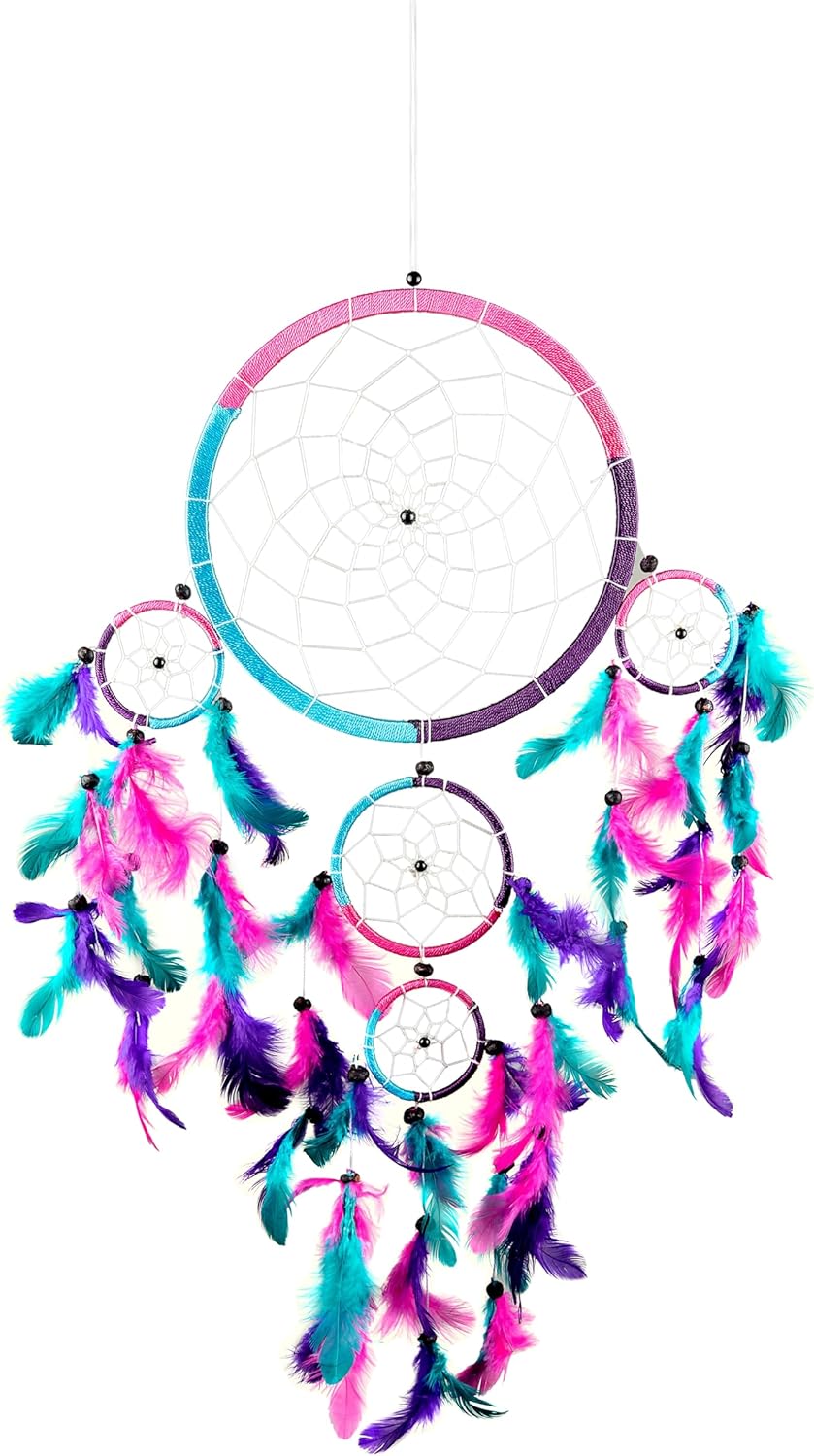Handmade Rainbow Chakra Dream Catcher - 7" Diameter with Tie Dye Feathers & Beads