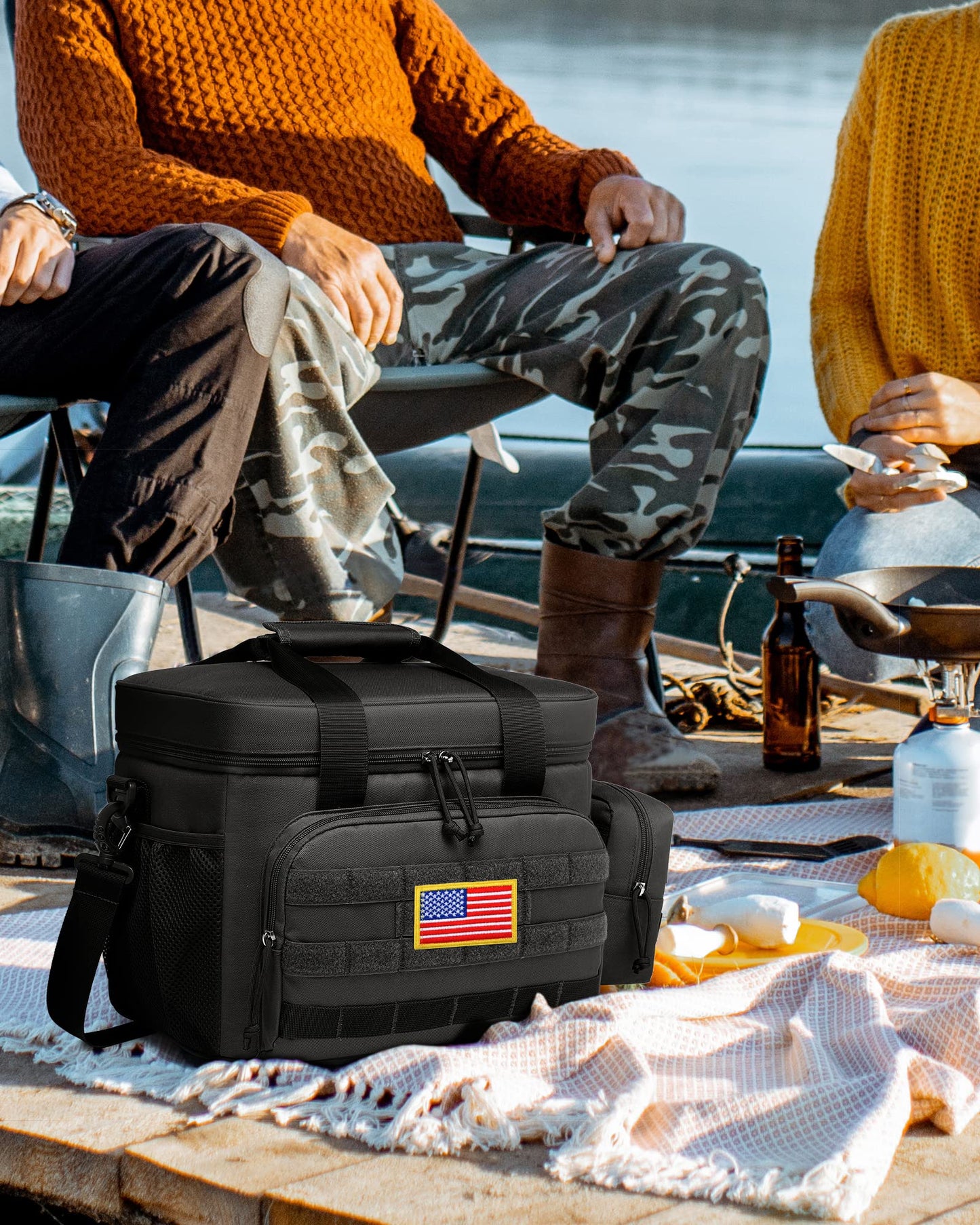 TACTICISM Lunch Box for Men - 20L Tactical Leakproof Insulated Lunch Bag Adult, Portable Soft Coolers with Detachable Molle Pouch for Camping Fishing Beach Picnic Work, Black