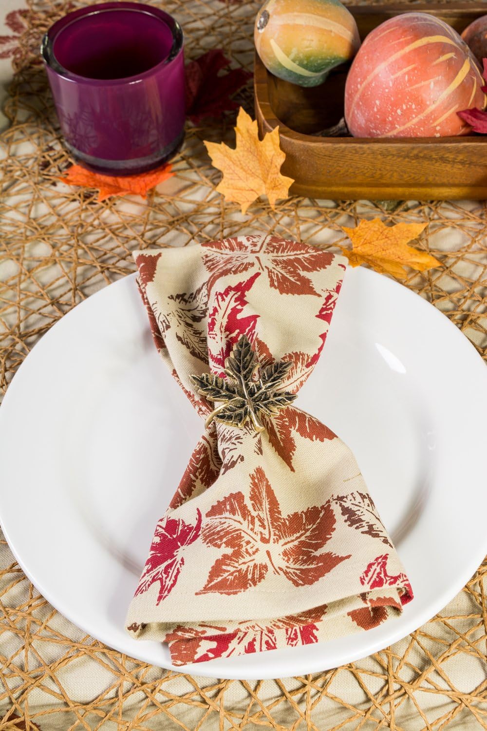 Gold Maple Leaf Napkin Ring Holder Set - 6 Piece Decorative Tabletop Décor for Christmas & Thanksgiving