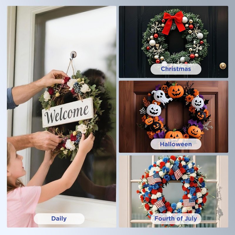 OUTXE Wreath Hanger for Front Door, Upgraded Suction Cup Reef Hook for Glass Window/Over Door, Christmas/Thanksgiving/Halloween/July 4th/Easter/Valentine/Spring/Summer/Fall (Walnut, 4-Pack)