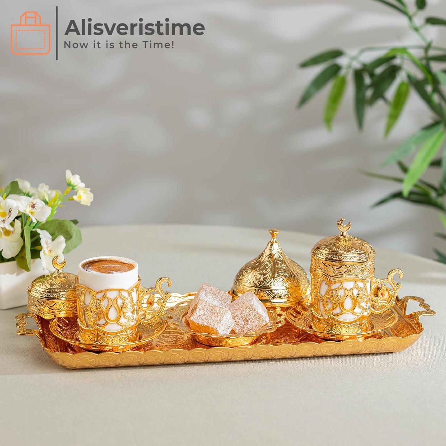 Alisveristime Ottoman Turkish Greek Arabic Espresso Coffee Cups with Saucer and Lid (Set of 2) (Hilal) (Silver)