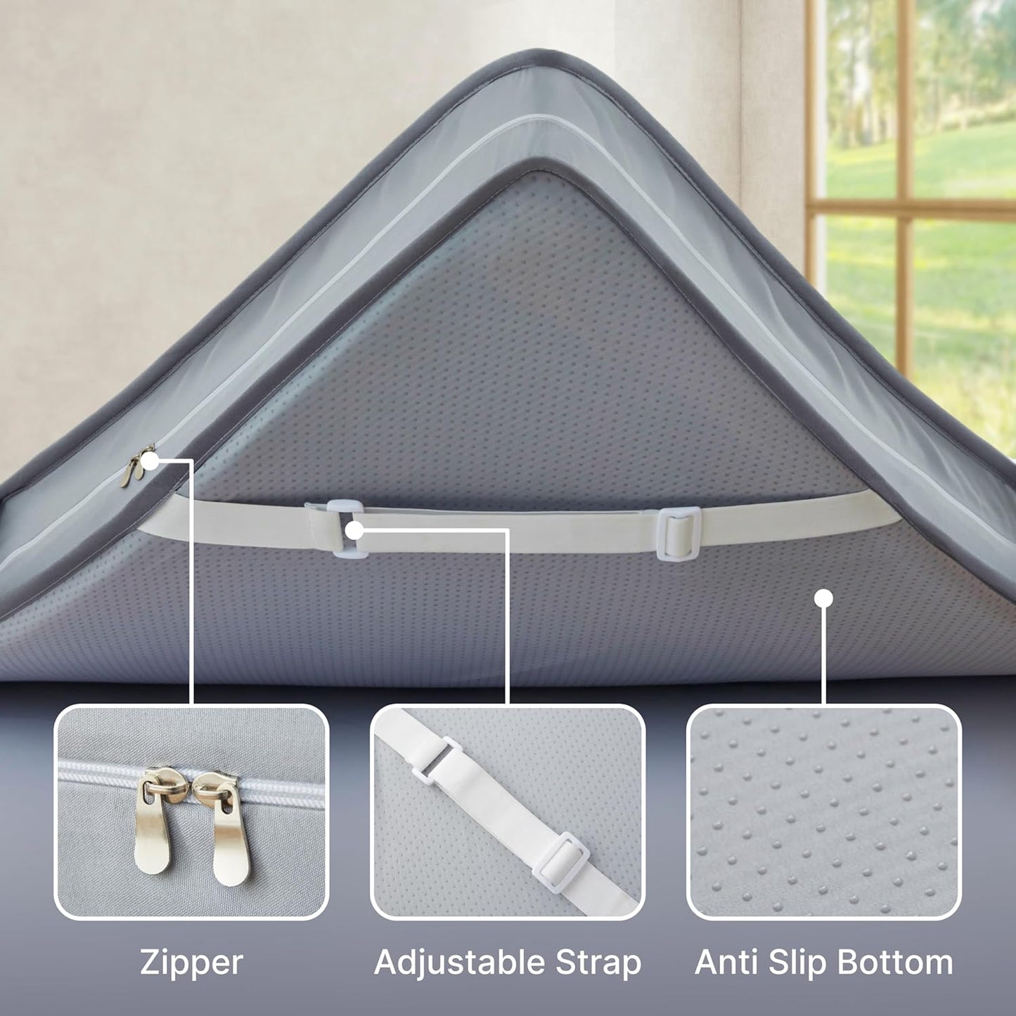 3Inch Queen Mattress Topper Cover(Only Cover),Mattress Protector Bedding,Foam and Latex Mattress Cover with Zipper and Adjustable Straps,Pillow Top(80 x 60”) Gray