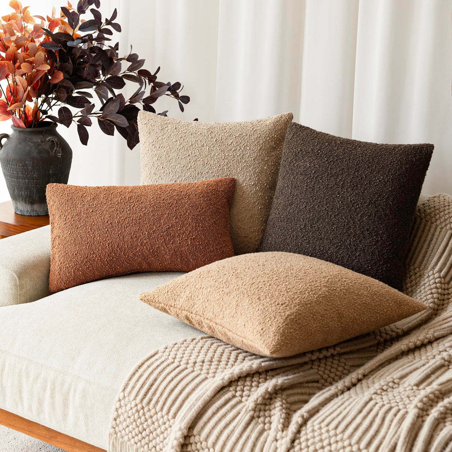 Foindtower Decorative Textured Boucle Throw Pillow Covers Accent Solid Lumbar Pillow Cases Soft Cozy Couch Cushion Case for Chair Sofa Bedroom Living Room Home Decor 12x20 Inch,1PC,Burnt Orange Hazel