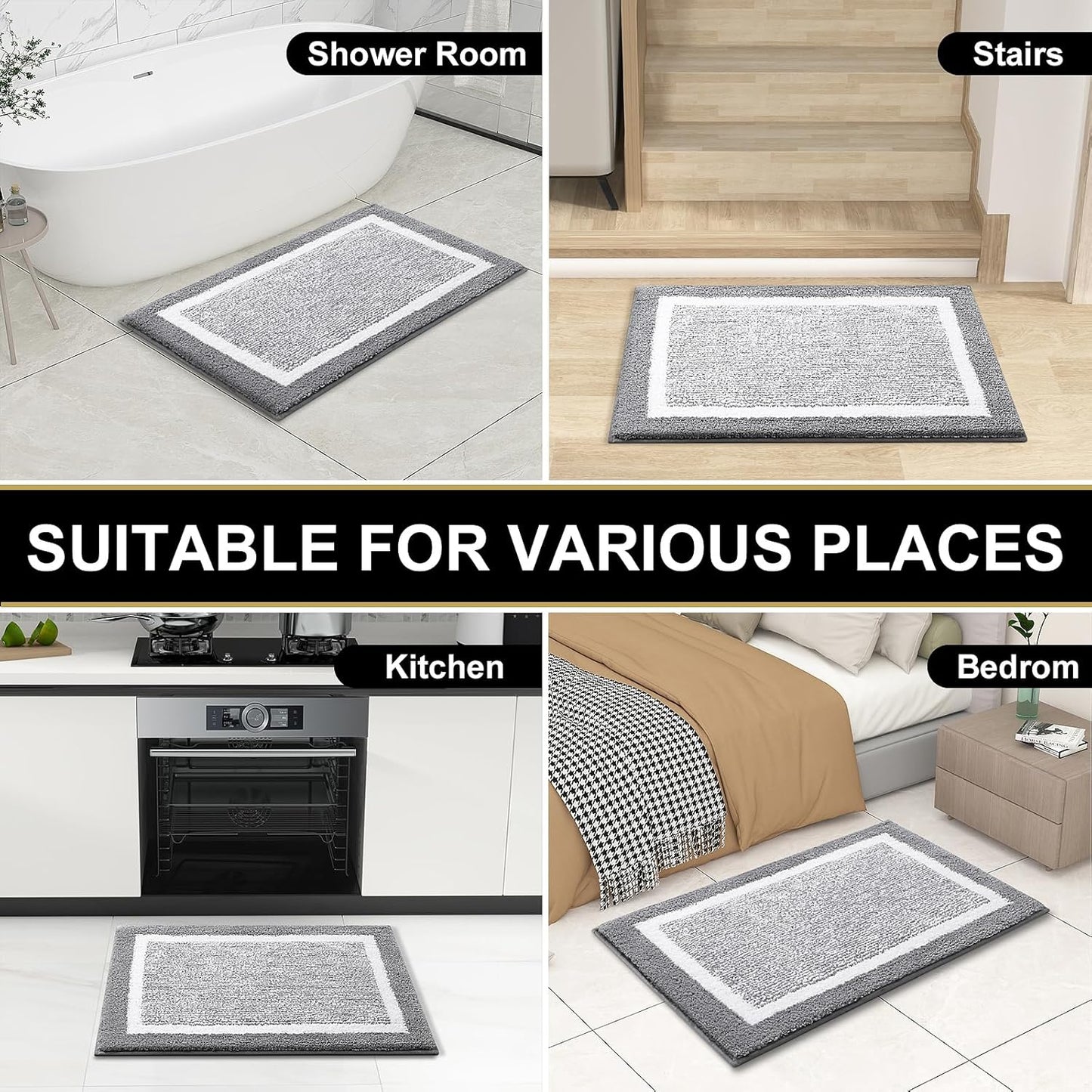 OLANLY Microfiber Bath Mat - Extra Soft, Absorbent & Non-Slip | 24x16 Inches, Quick Dry, Grey