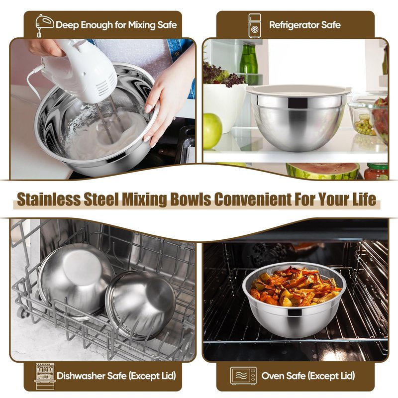 P&P CHEF Mixing Bowls with Airtight Lids Set of 5, 10-Piece Stainless Steel Mixing Nesting Bowl, Metal Bowl with Lid for Kitchen Prepping & Storing, Size 4.6, 3, 1.5, 1, 0.7 QT, Khaki