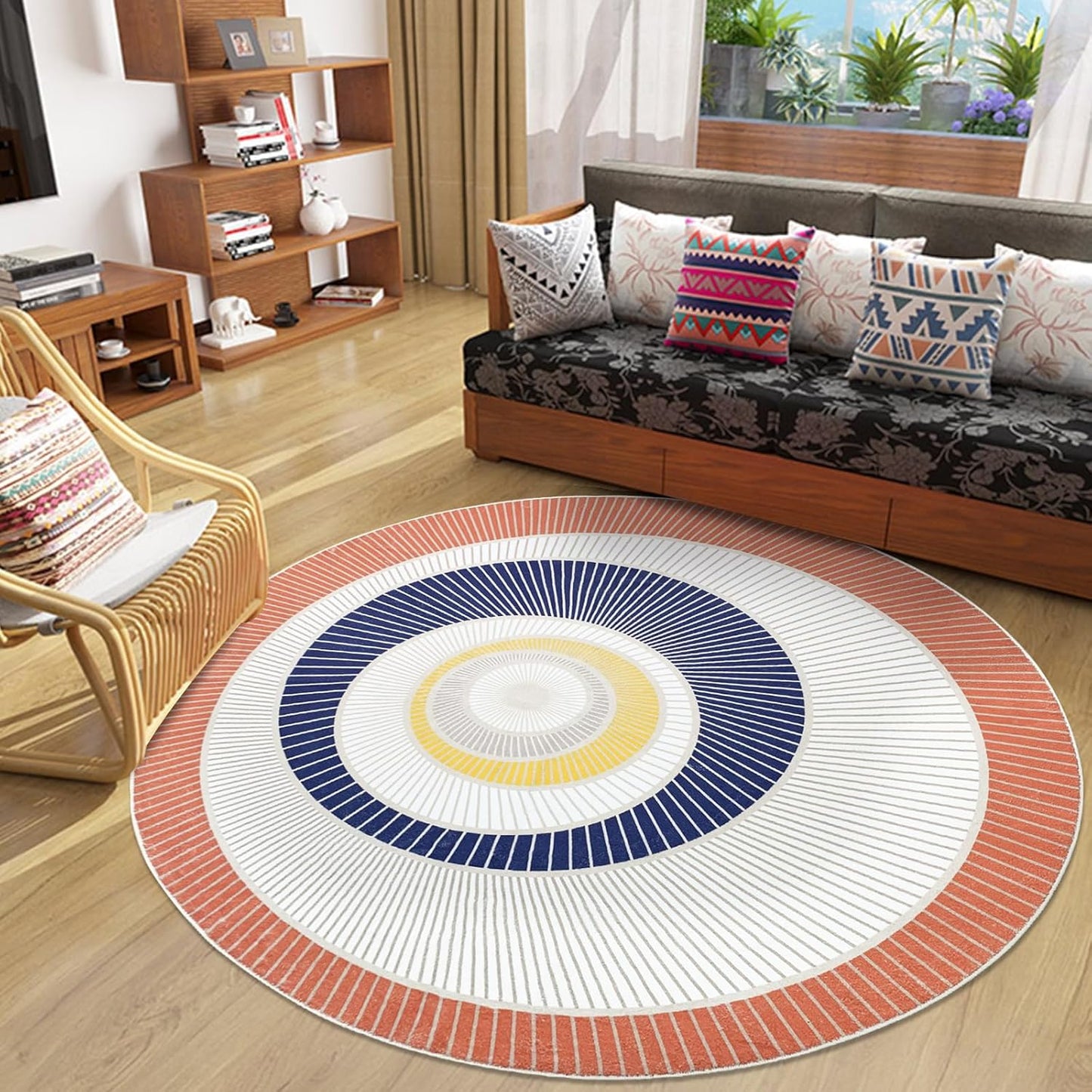 Modern Abstract Round Rug 5.2Ft Large Soft Mat for Bedroom, Living Room, Dining Room - Nonslip Geometric Floor Carpet Circle Throw for Home Decor, Red/Blue