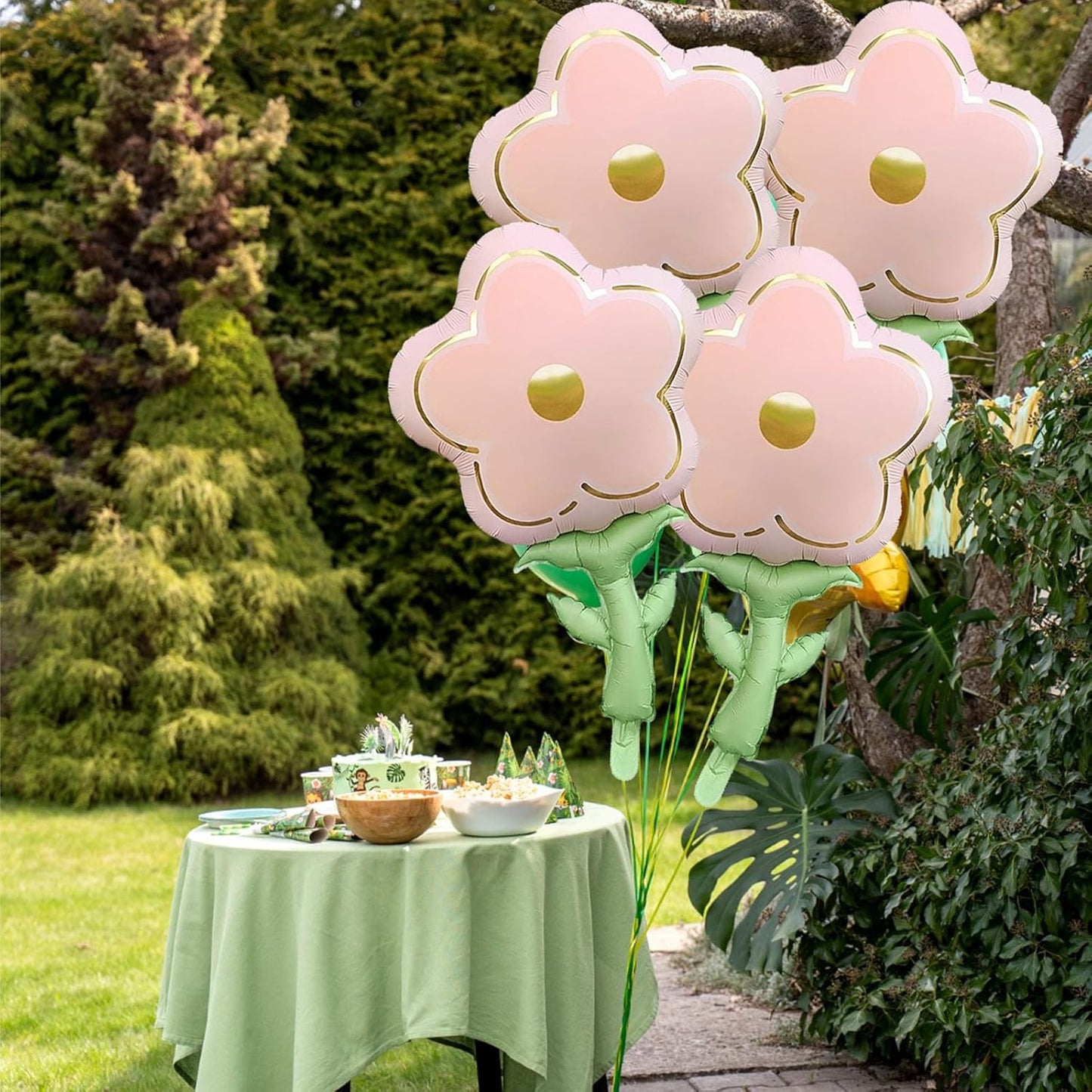 Skiennix Large Flower Shaped Foil Balloons - Pink Daisy Party Decorations | 4 Pcs Set for Birthdays & Showers