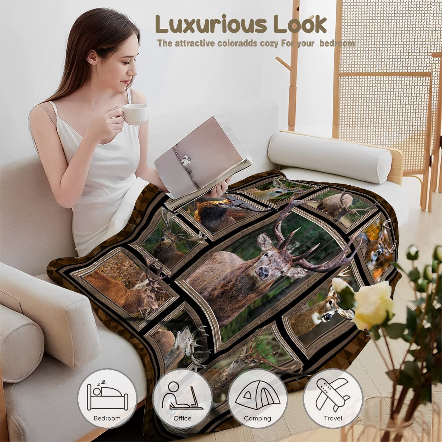 Buck Deer Blanket Hunting Gift for Men Soft Flannel Fleece Throw Blanket for Sofa Couch Bed Chair Lightweight Plush Fuzzy Lap Blankets and Throws Christmas Birthday Gift 50x60inches