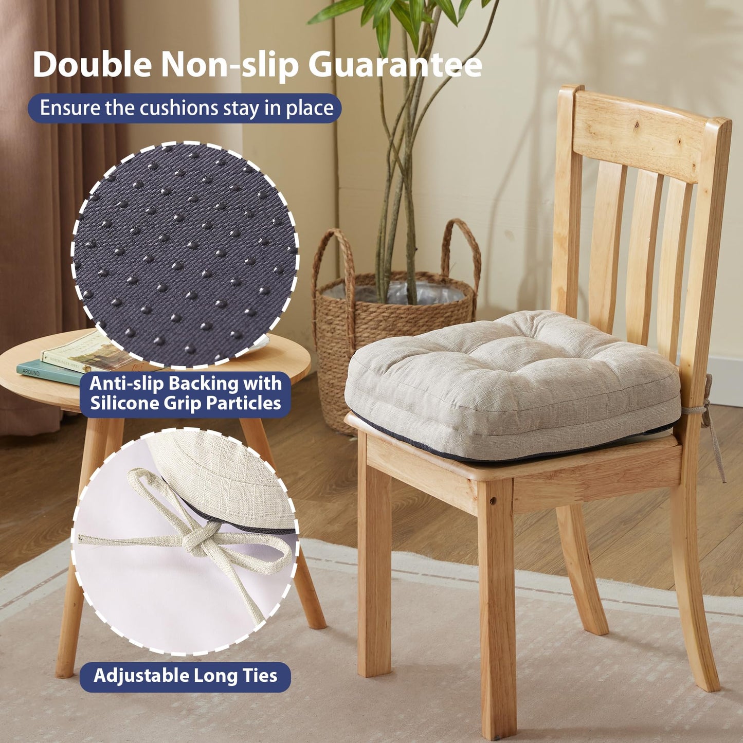 IASEAHK Kitchen Chair Cushions for Dining Chairs, Foam Dining Chair Cushion, Tufted Indoor Chair Pads with Ties & Non Slip Backing, Seat Cushion for Chair 16.5” x 16.5” x 3.5”, Set of 4, Beige